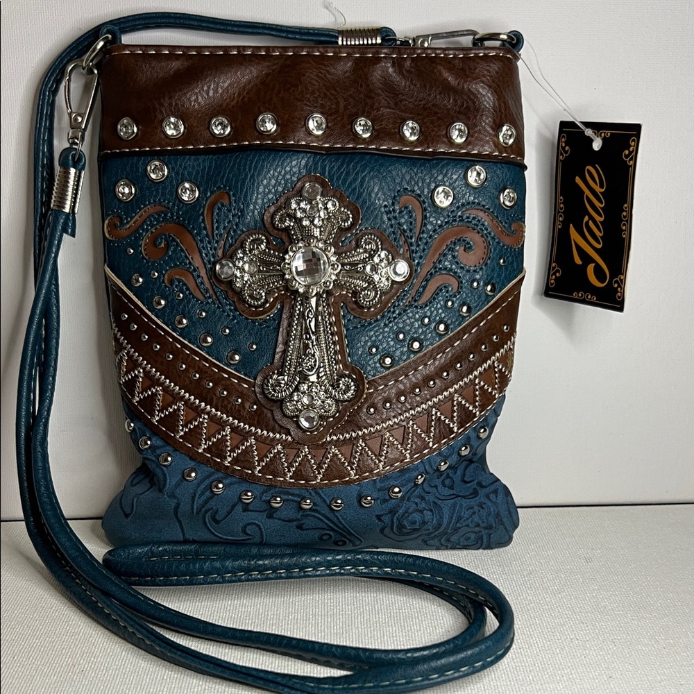 Jade Brand Teal Blue & Brown Crossbody Bag with Crystal Cross & Rhinestones